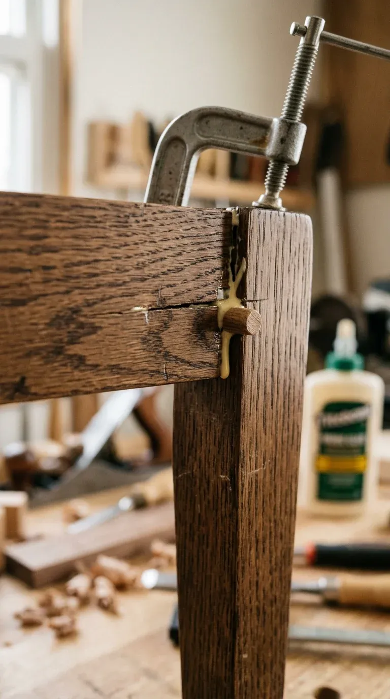 Original Photography: Close-up of wood glue repair on split dowel joint