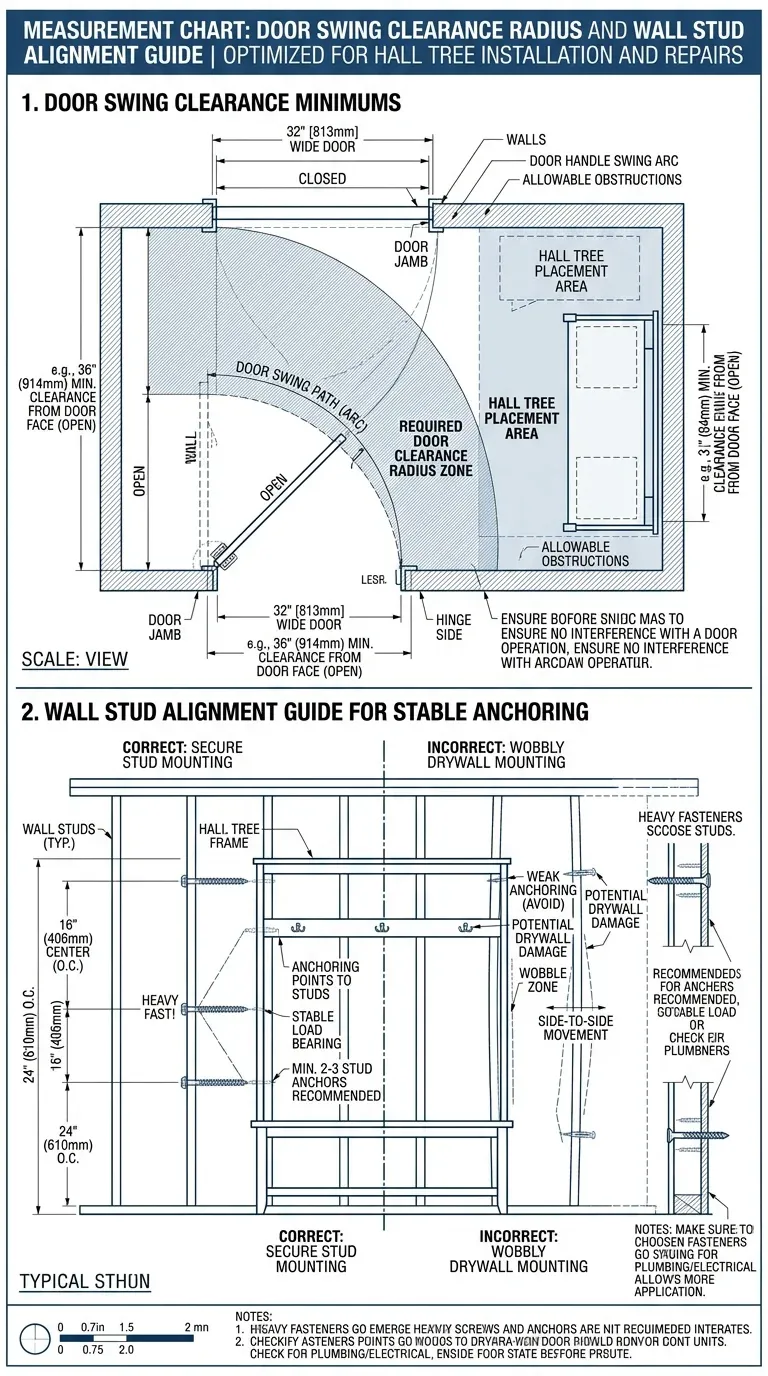 Measurement Chart: Door swing clearance radius and wall stud alignment guide