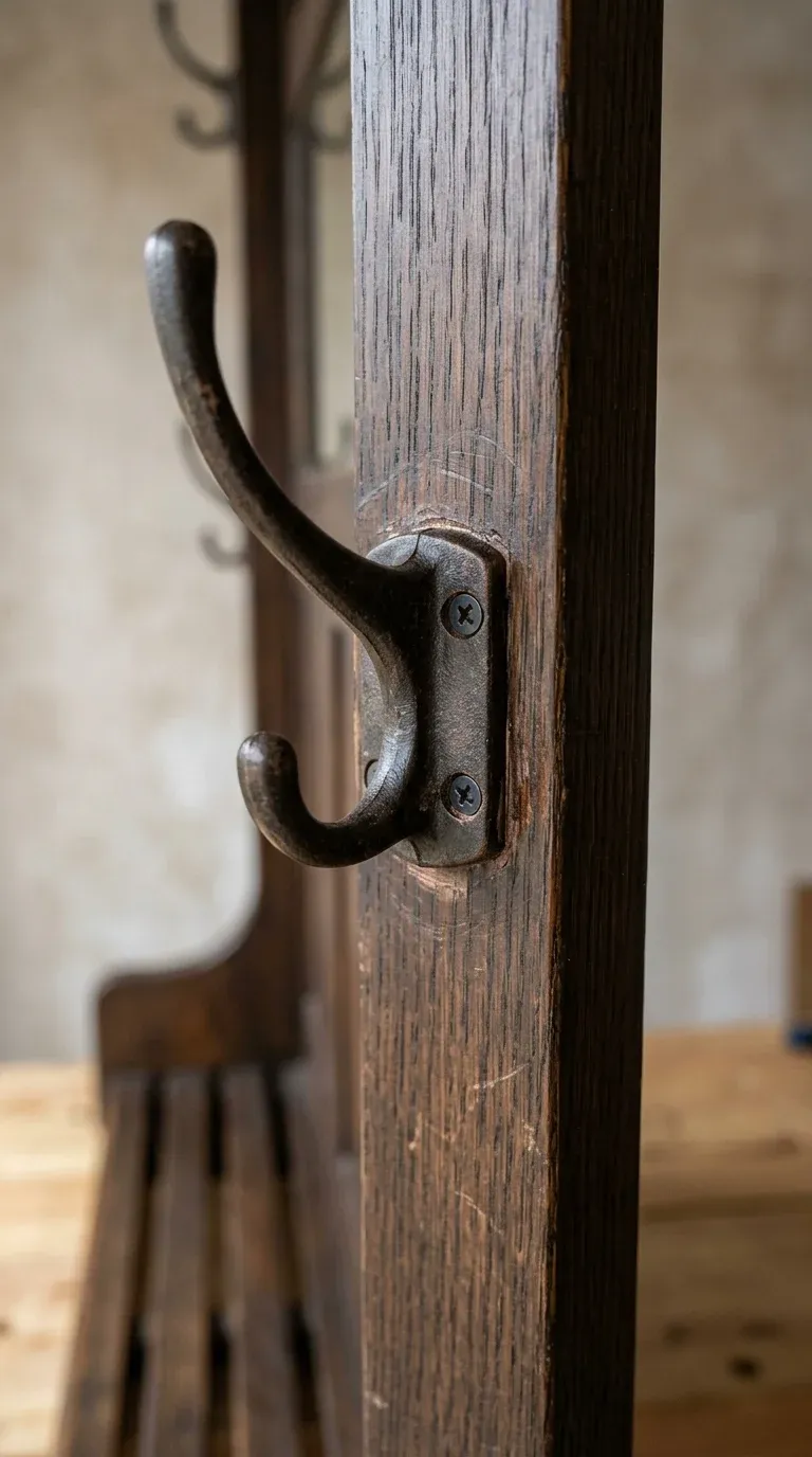 Original Photography: Close-up of heavy-duty double coat hook bracket repair