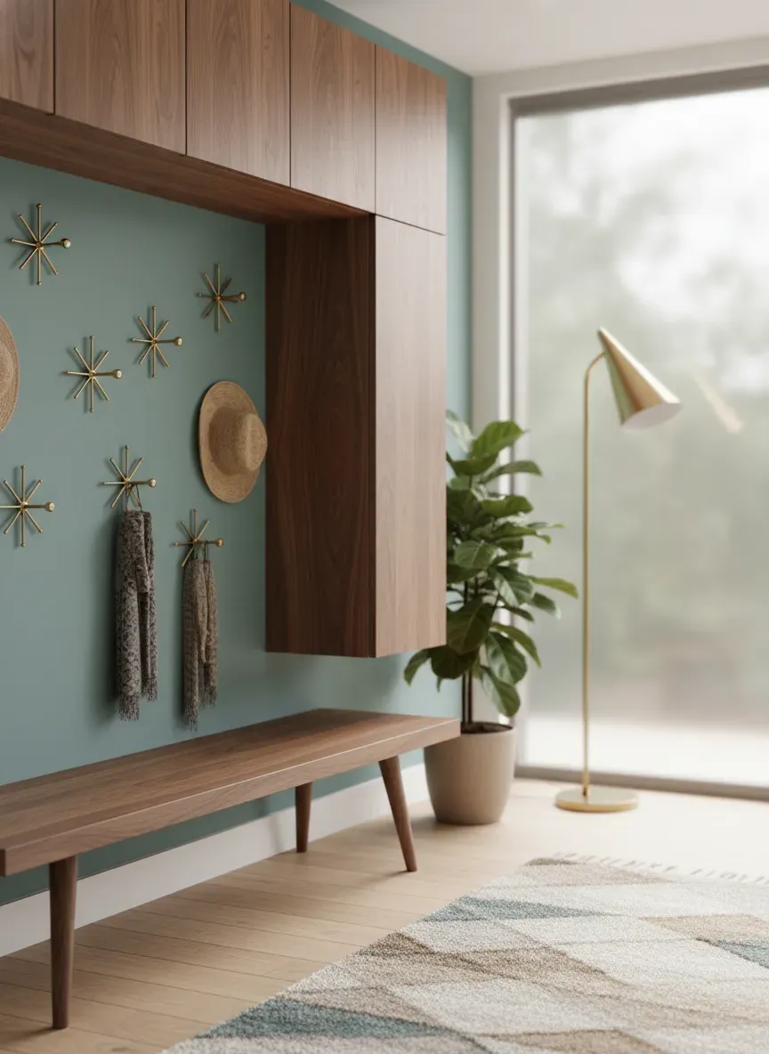 A sleek mid-century mudroom featuring floating walnut cubbies, tapered wooden legs, and brass starburst coat hooks against a muted teal wall.