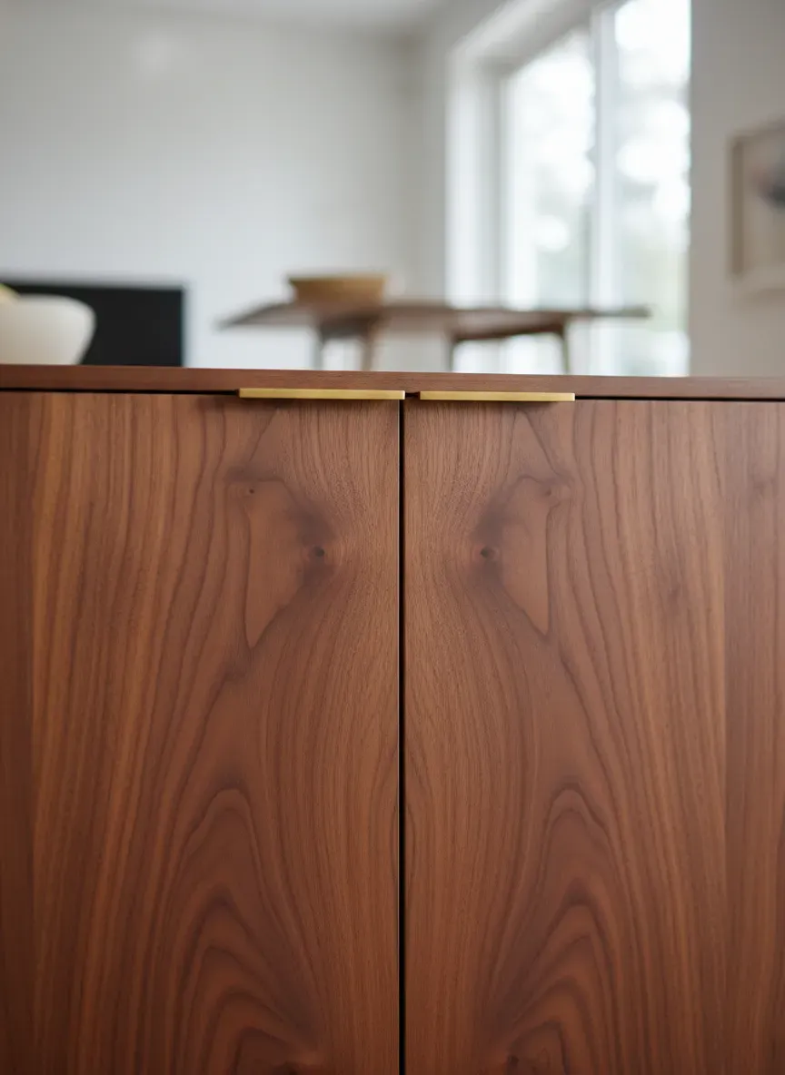 Close up of book-matched walnut veneer cabinet doors with solid brass finger-pull hardware, demonstrating the intricate grain patterns of mid-century casework.