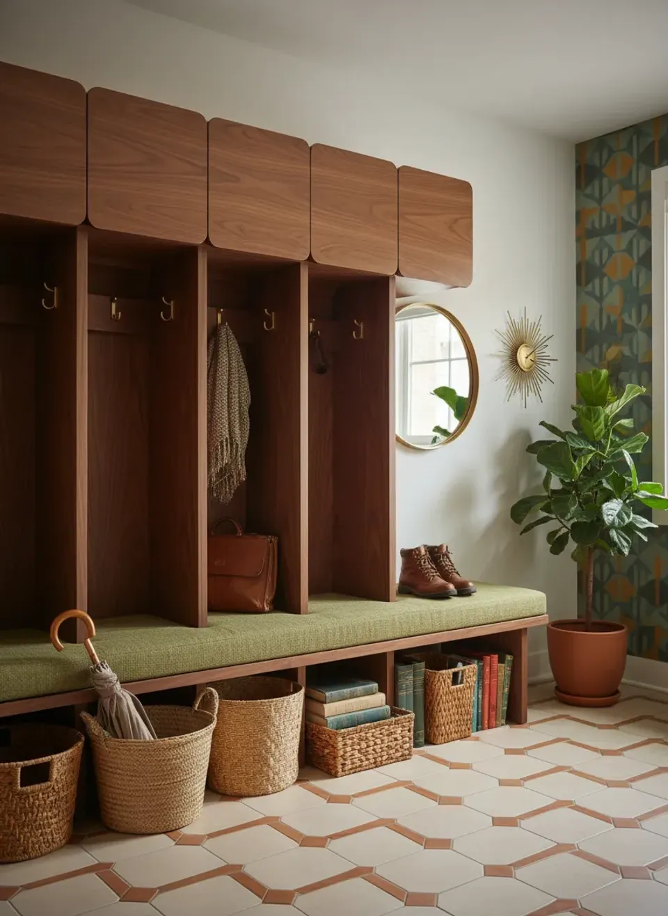 Retro-Chic Mid-Century Mudrooms: Walnut Cubbies and Vintage Entryway Style