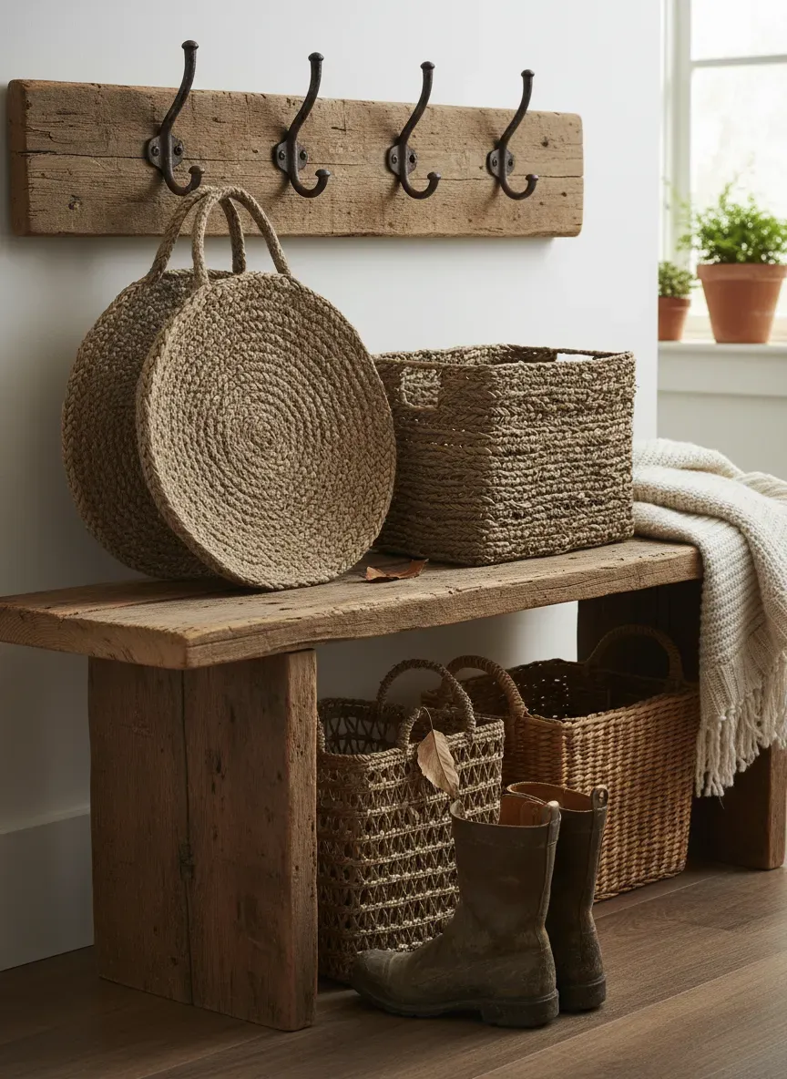 Rustic wood mudroom bench with weathered hooks and woven baskets