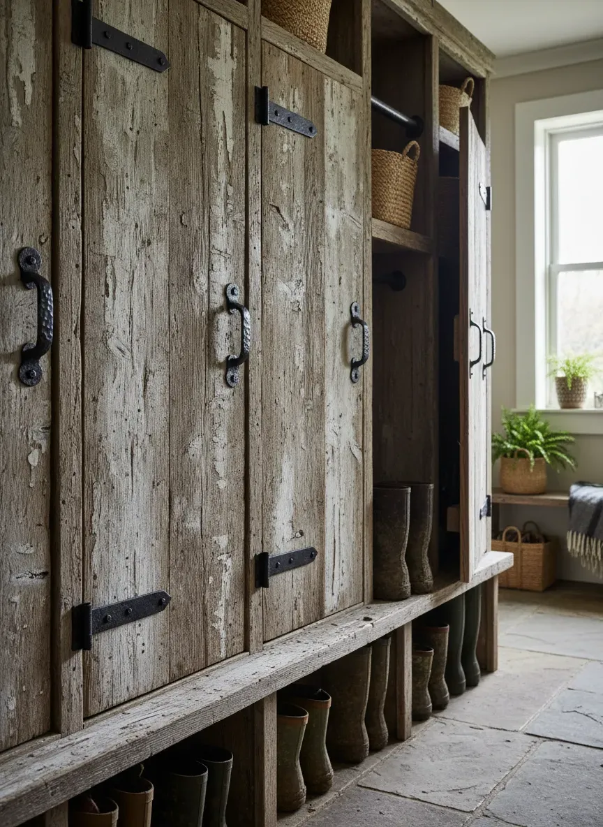 Custom distressed timber mudroom lockers with iron hardware