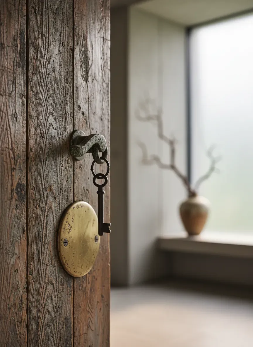 Close up of aged wood grain patina in an entryway design