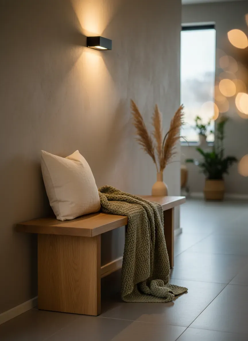 A perfectly styled entryway with a bench, one pillow, a throw, and a wall sconce
