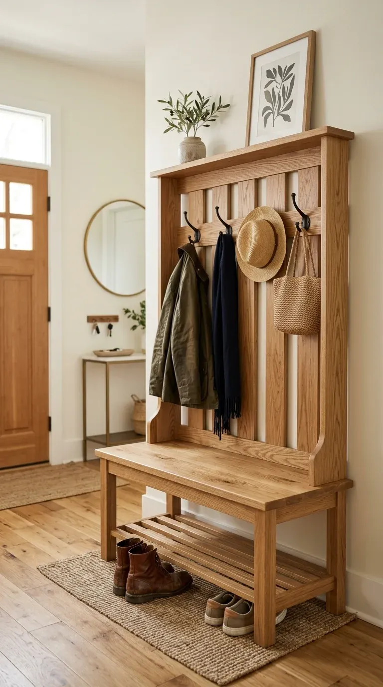 Original Photography: Real-world entryway setup with natural oak finish