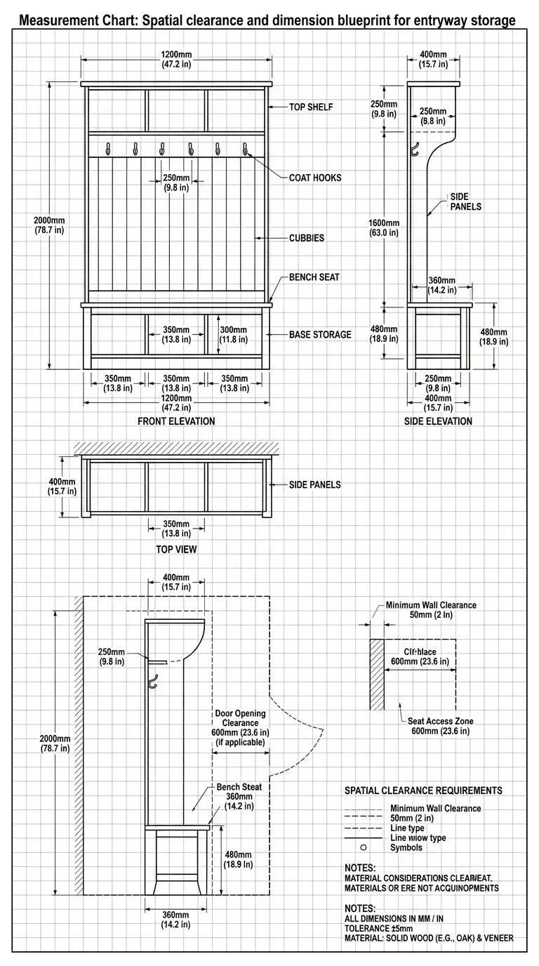 Measurement Chart: Spatial clearance and dimension blueprint for entryway storage