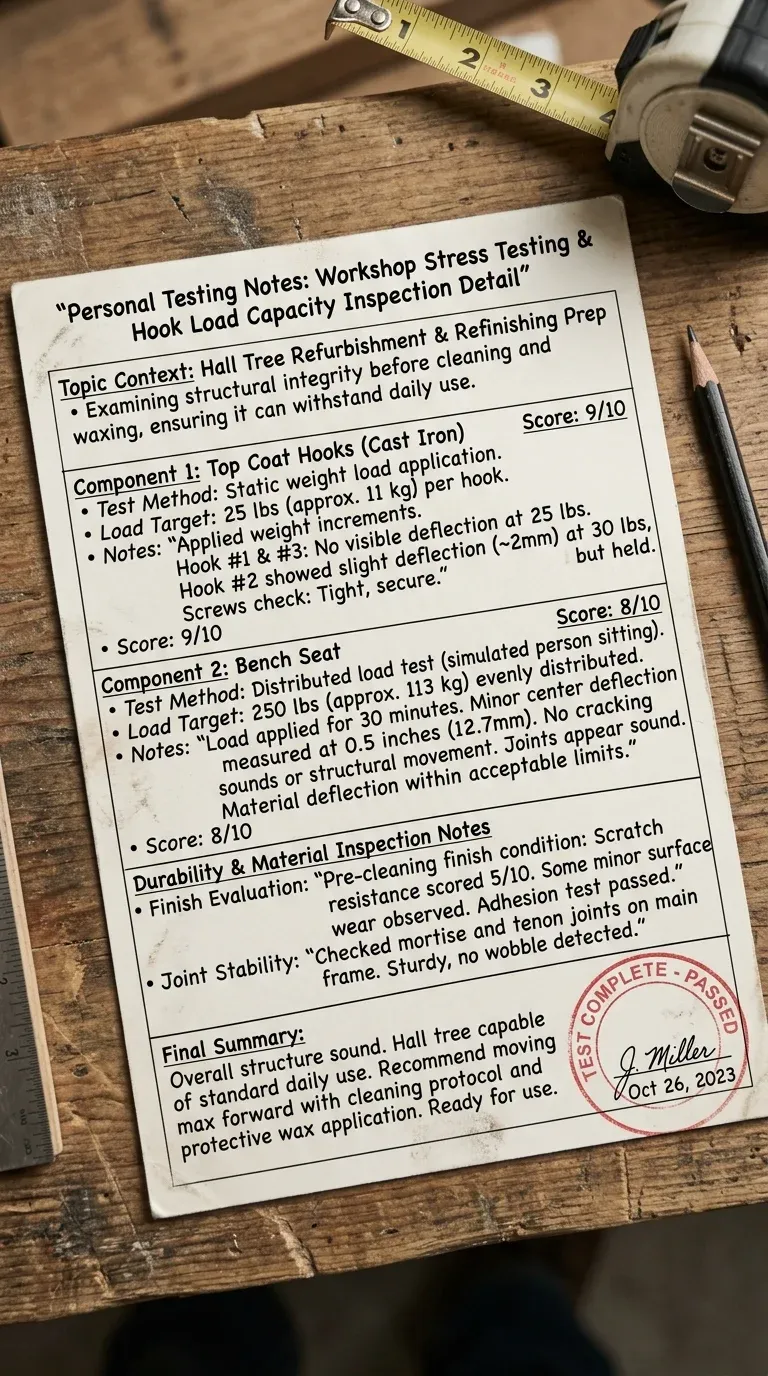 Personal Testing Notes: Workshop stress testing and hook load capacity inspection details
