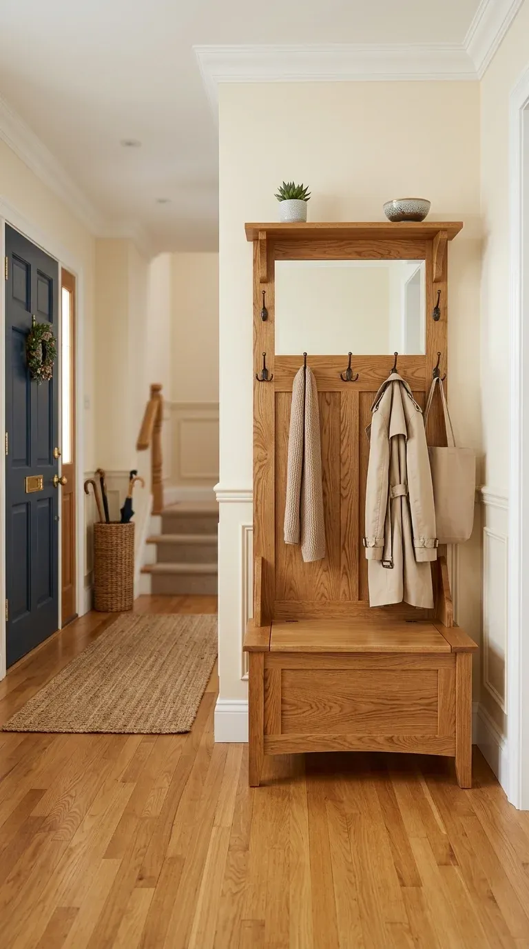 Original Photography: Clean and well-maintained entryway with a wooden hall tree