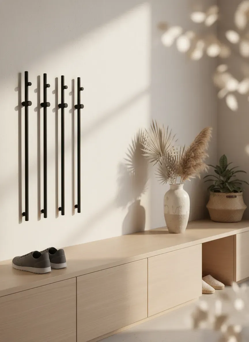 Minimalist light birch built-in bench with hidden shoe storage and matte black hooks