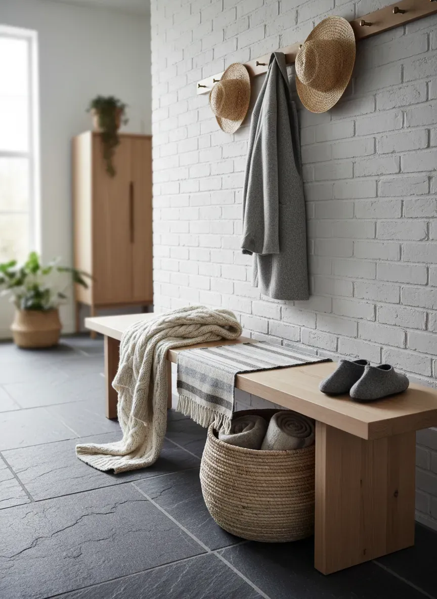 A bright Scandinavian mudroom featuring a light birch bench, slate flooring, and textured wool accessories