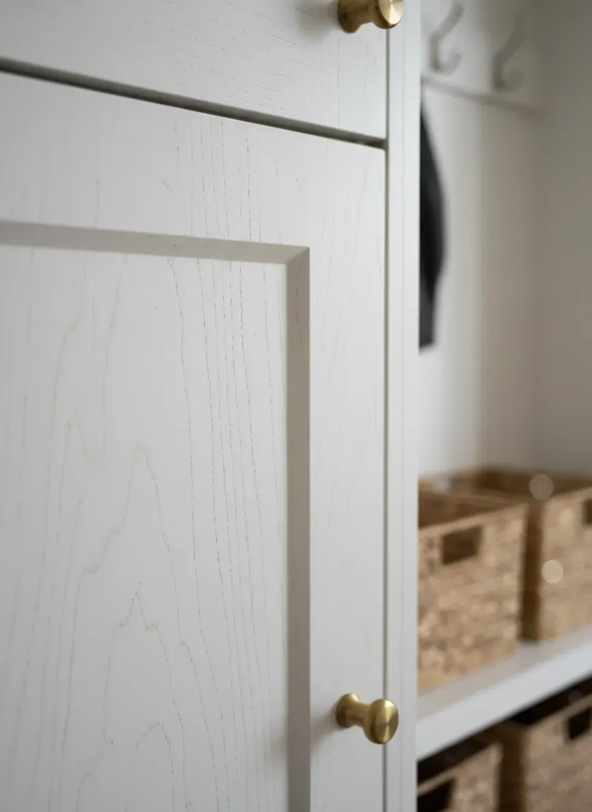 Detail shot of a white-washed birch mudroom cabinet showing the subtle grain pattern and a matte finish