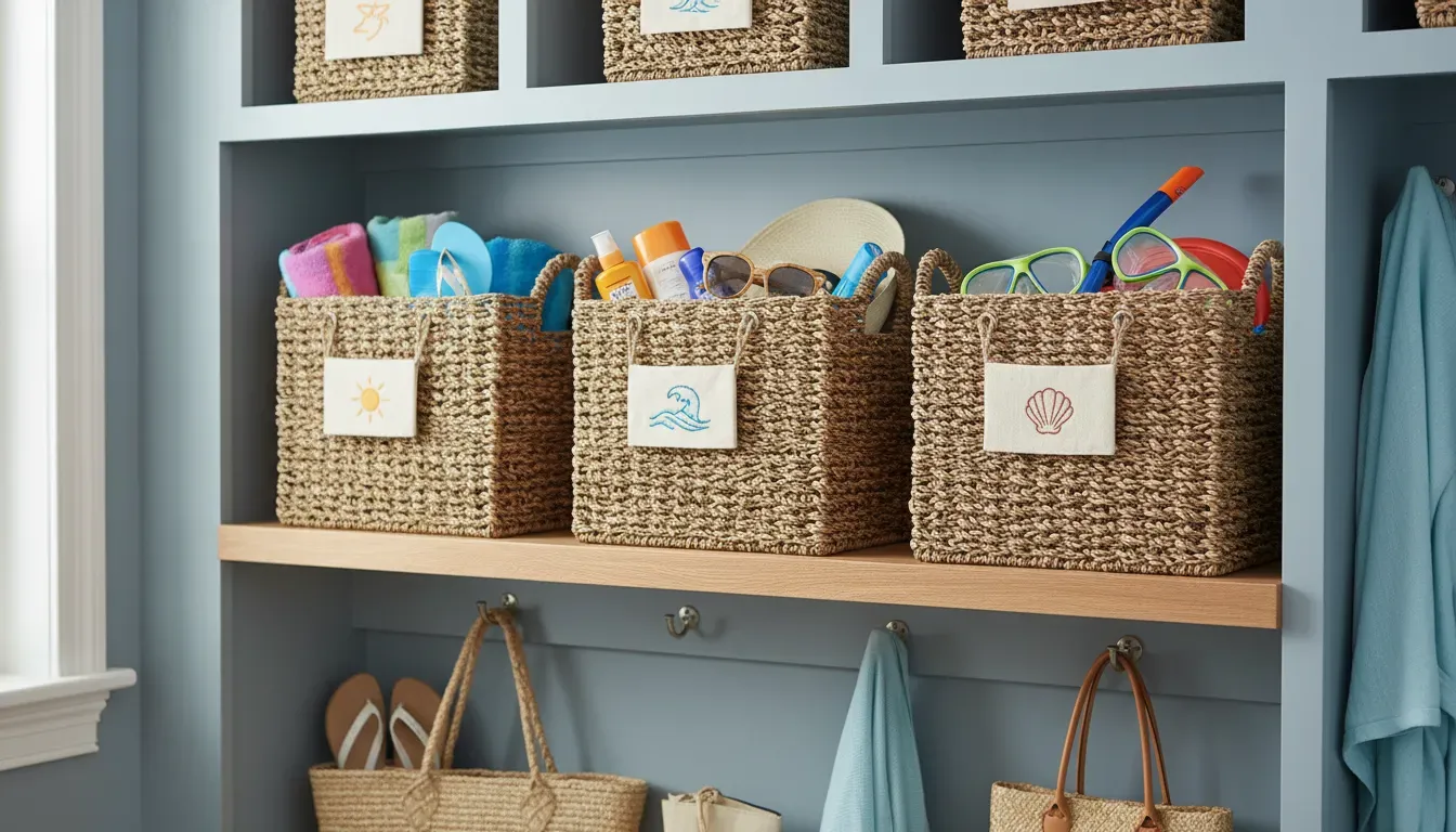 A set of labeled woven baskets sitting on the top shelf of a mudroom locker, organizing summer accessories