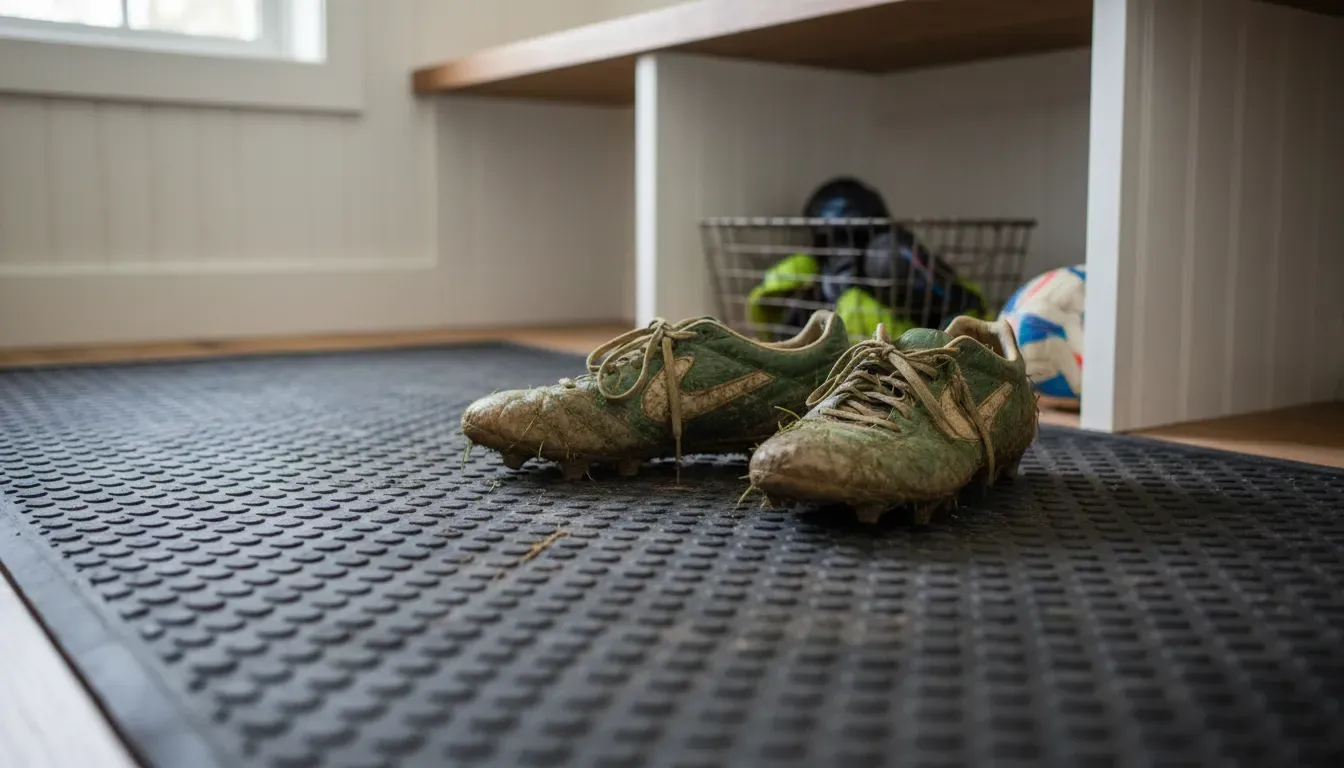 Detail shot of a mudroom locker floor lined with a black rubber mat, with soccer cleats sitting on top