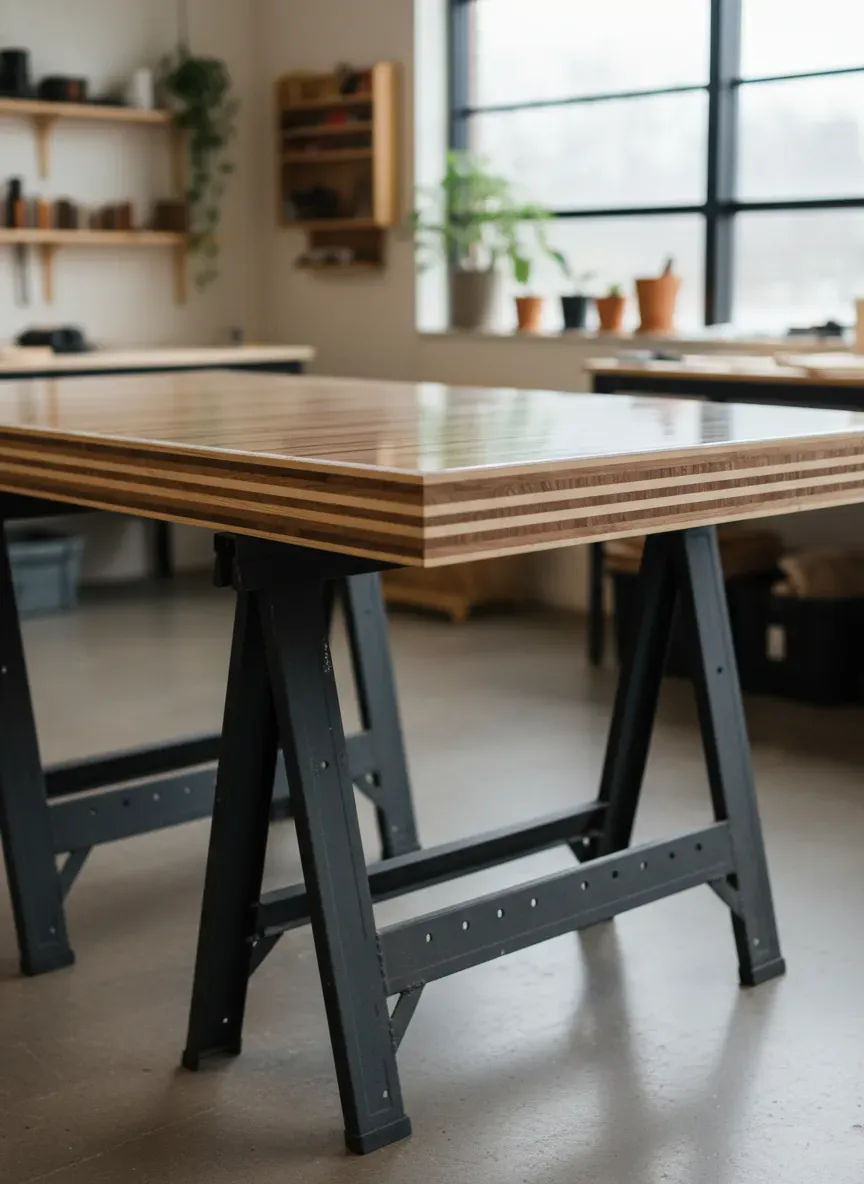 A beautifully laminated plywood workbench top resting on heavy-duty sawhorses
