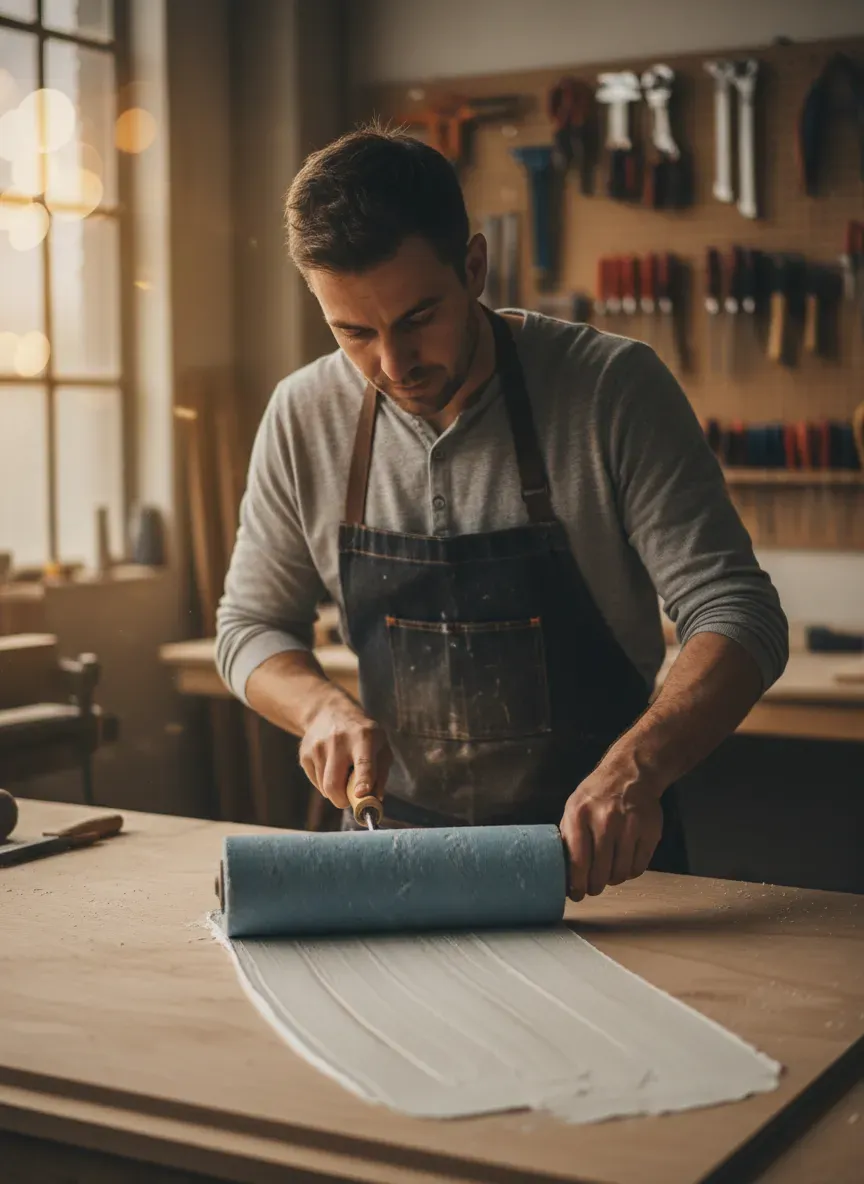 A woodworker using a heavy-duty silicone roller to spread PVA glue evenly across a plywood sheet