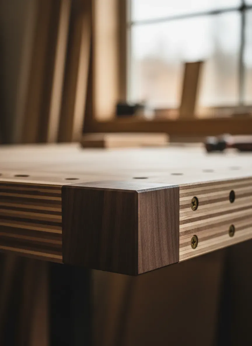 A close up of a finished plywood workbench edge, showing a thick hardwood protective banding