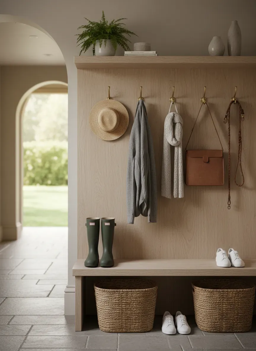 A beautifully organized mudroom showing properly spaced hooks on a backer board