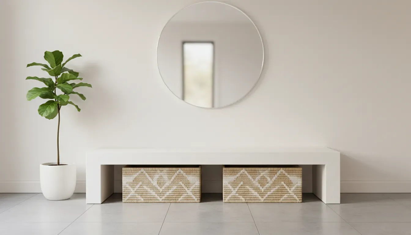 A minimalist white entryway bench with woven baskets underneath for hidden storage