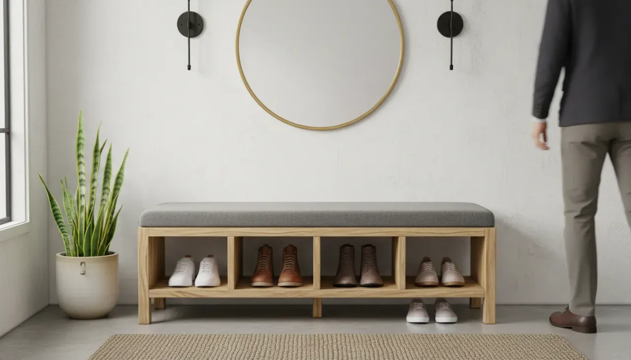 A modern entryway featuring a wooden shoe storage bench with grey upholstered seating and organized footwear underneath.