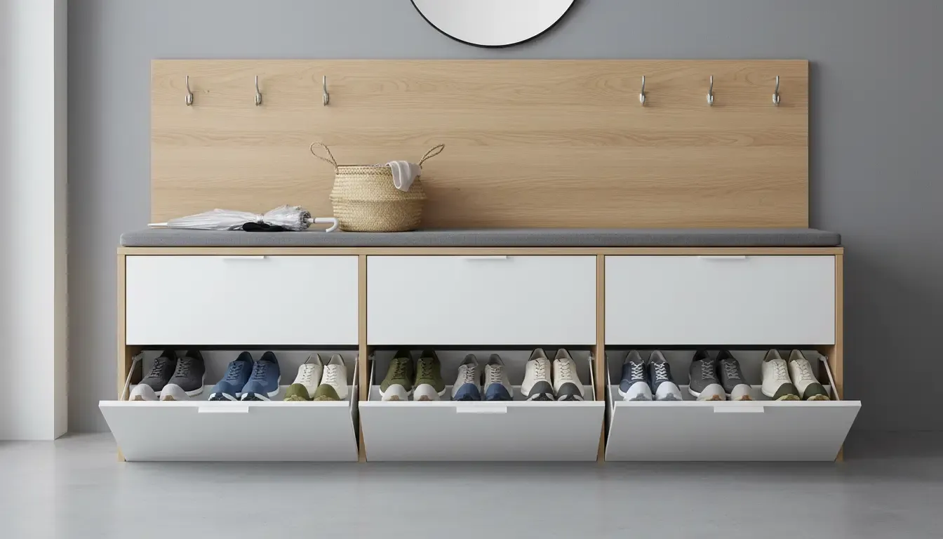 A sleek modern hall tree with white flip-down shoe drawers open to reveal shoes stored vertically