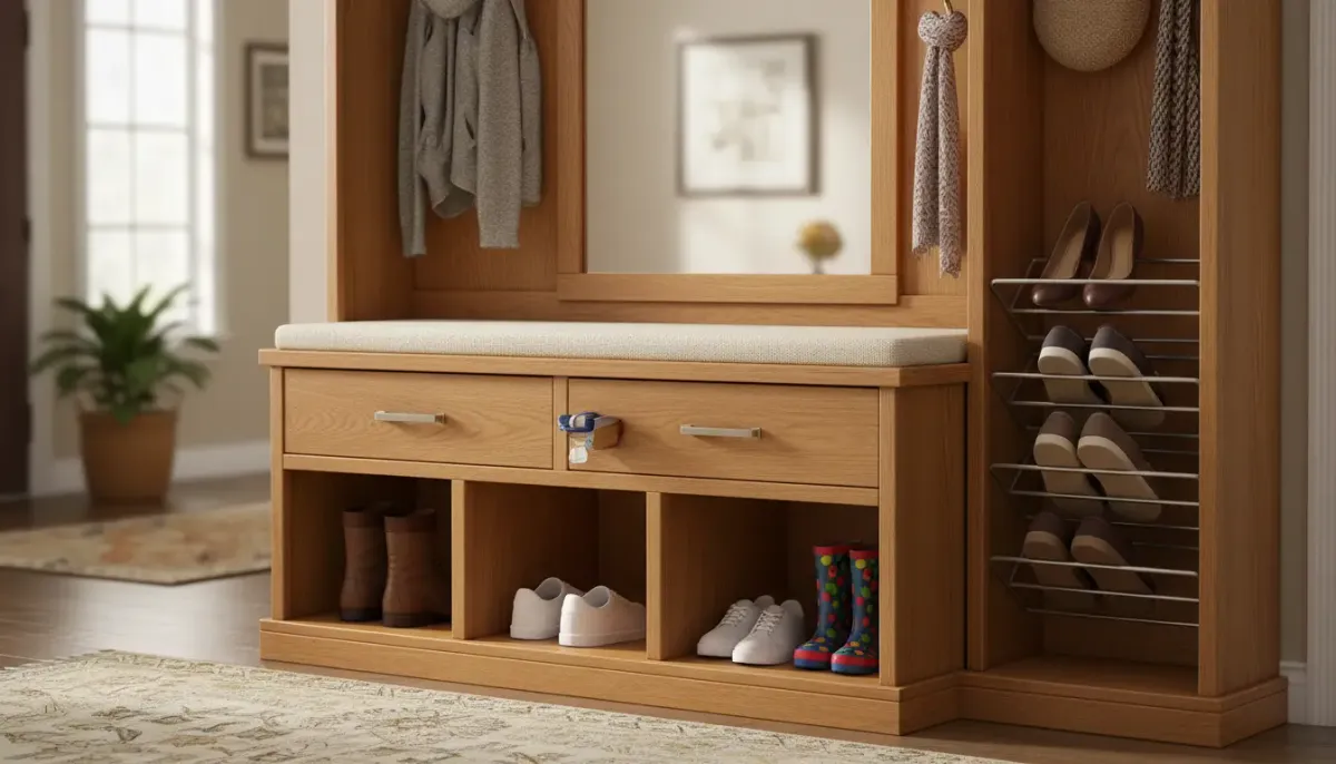 Shoe Storage Solutions Built Into Hall Trees: Cubbies, Drawers, and Racks