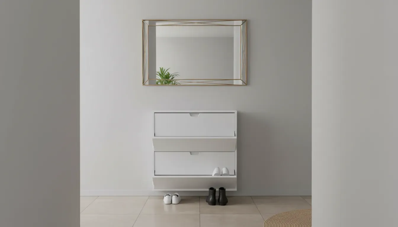 A sleek white tilt-out shoe cabinet in a narrow hallway with a decorative mirror above it