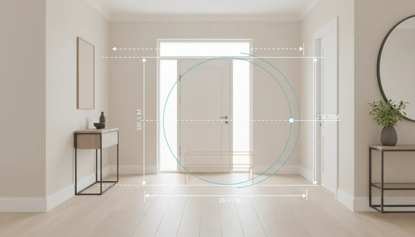 Diagram showing how to measure floor space and door swing radius for an entryway bench