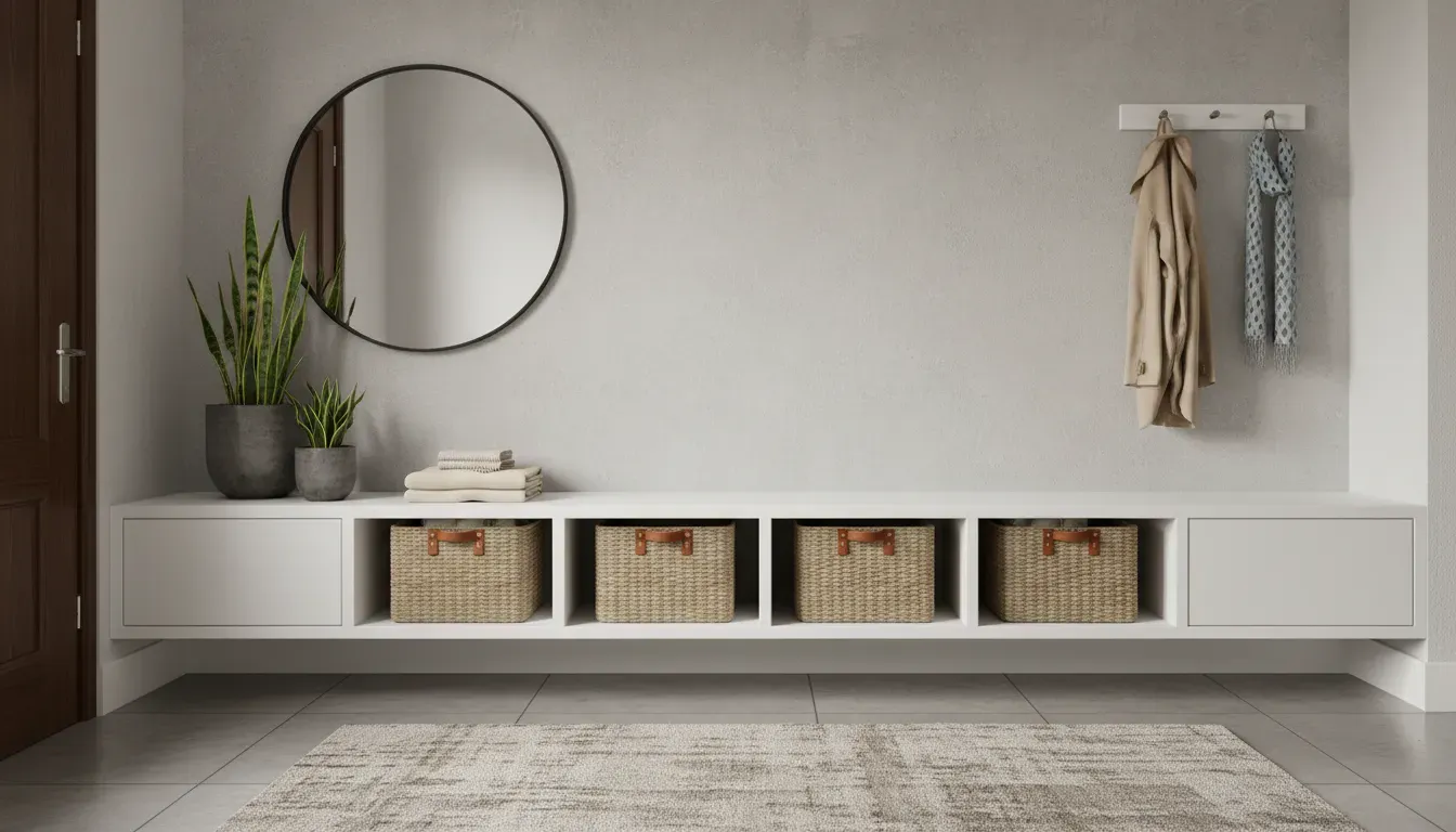 Modern entryway featuring a cubby-style storage bench with woven baskets
