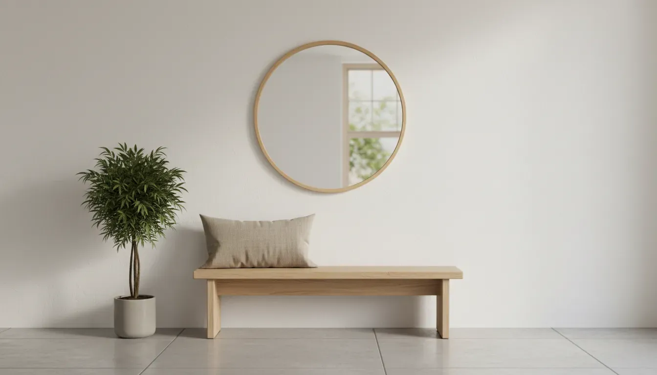 A wide shot of a minimalist wooden bench styled with a single beige pillow and a round mirror on the wall above
