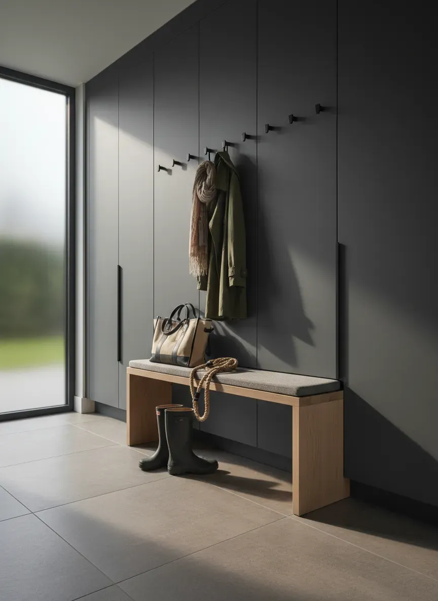Sleek modern mudroom featuring frameless flat panel doors and matte finishes