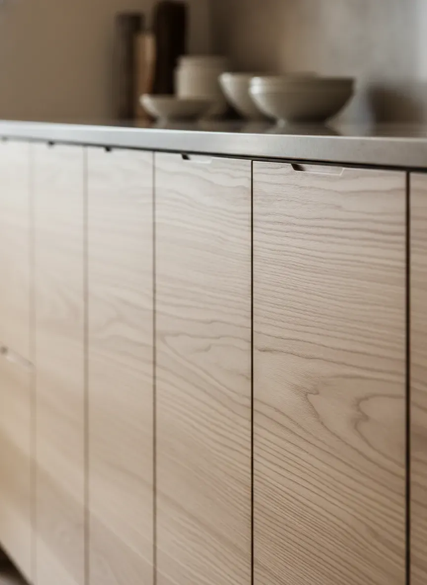 Close up of continuous wood grain flat panel cabinet doors with integrated J-pull handles