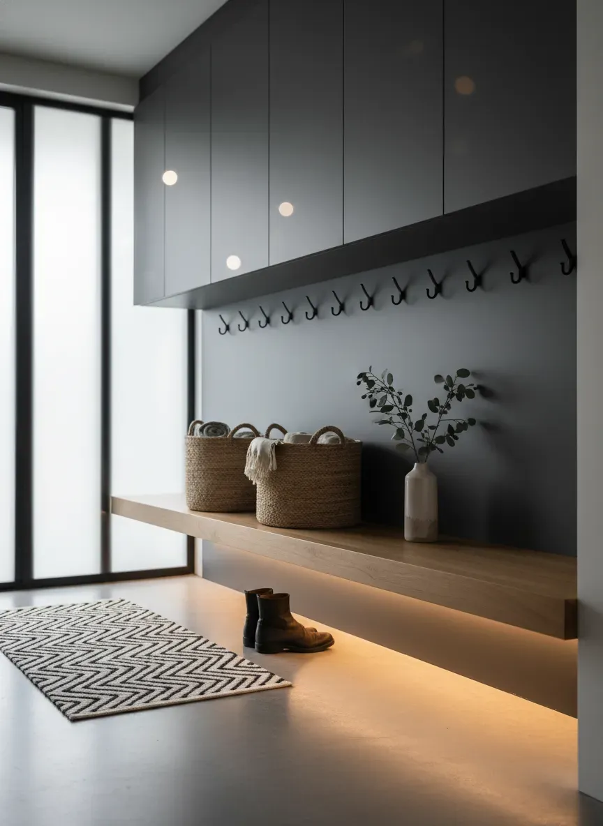 Illuminated modern mudroom bench with under cabinet LED lighting and matte dark grey flat panels