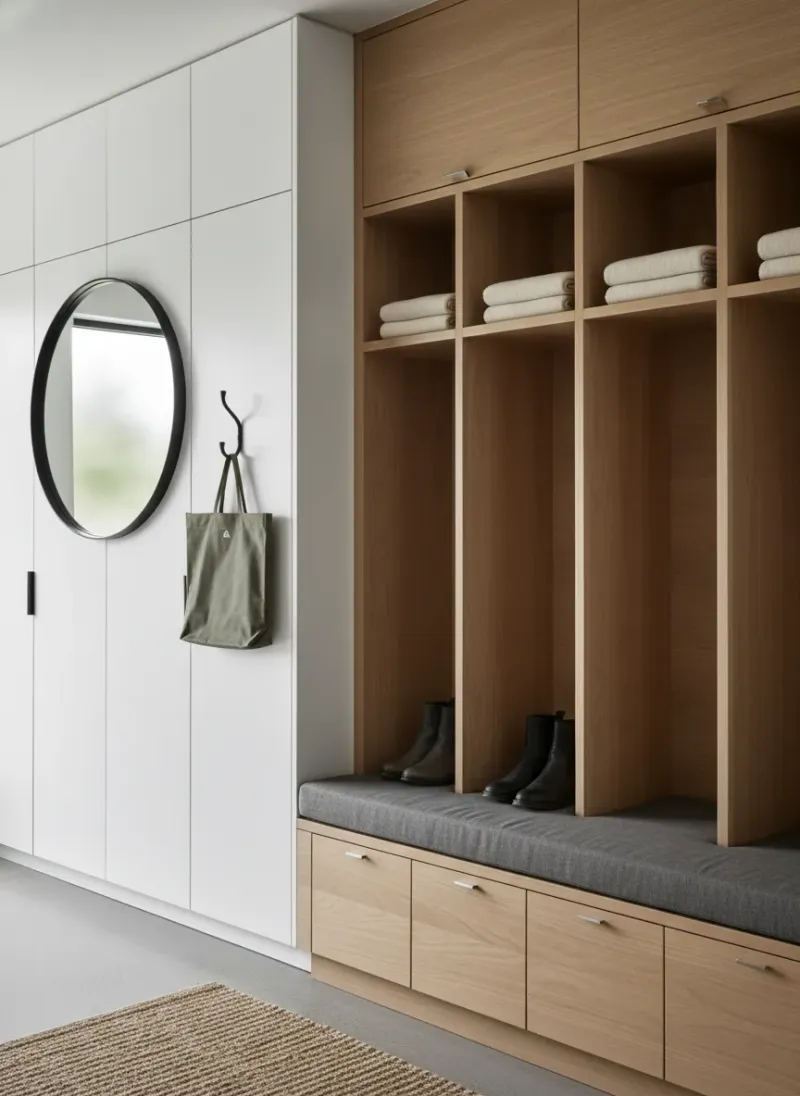 Professional SEO visualization for Sleek Modern Mudroom Designs: Minimalist Cubbies and Flat Panel Storage