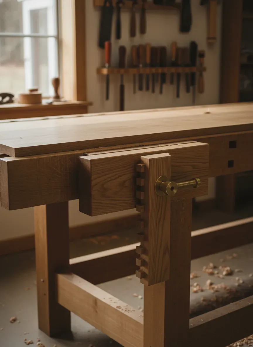 A traditional Roubo workbench featuring a solid maple sliding deadman engaged with a long oak board.