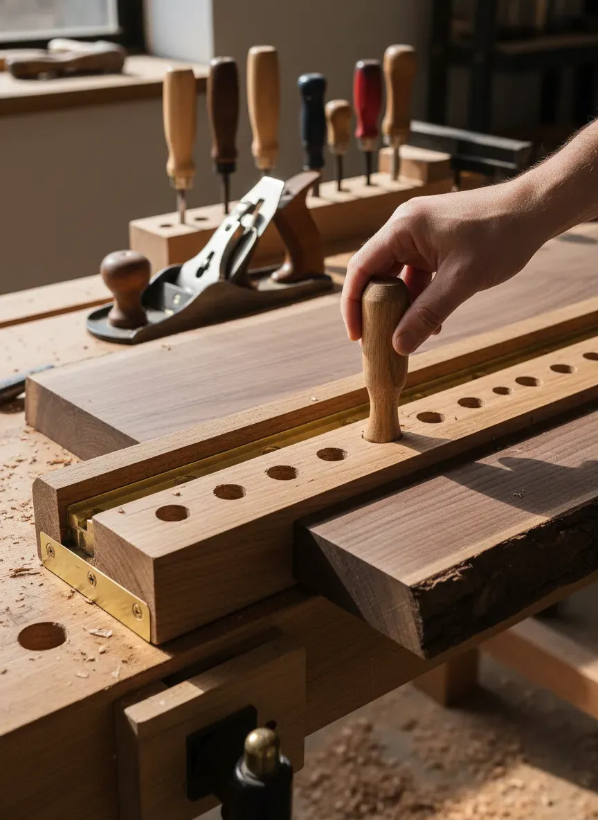Close up of a woodworker adjusting the peg height on a sliding deadman to support a massive walnut slab for edge jointing.