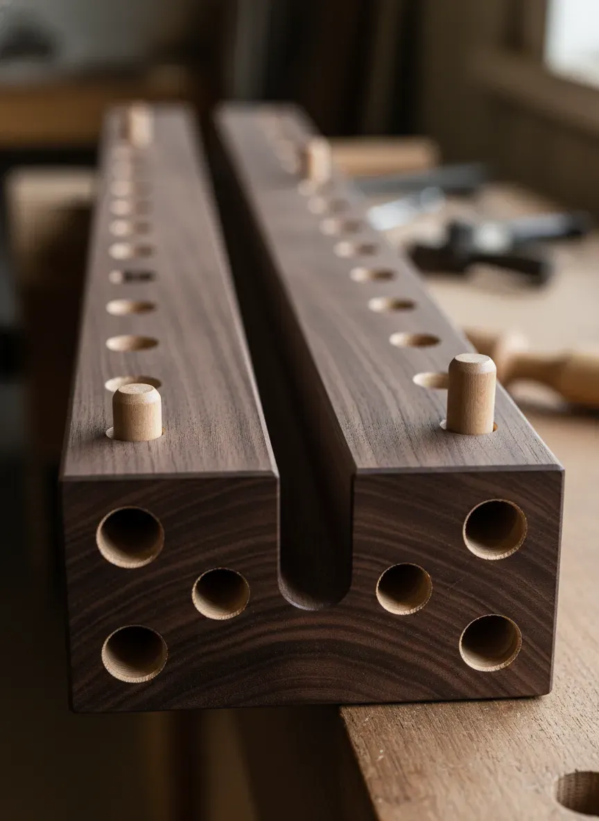 Detailed view of the bottom V-groove track and the staggered peg holes on a custom-built hardwood sliding deadman.