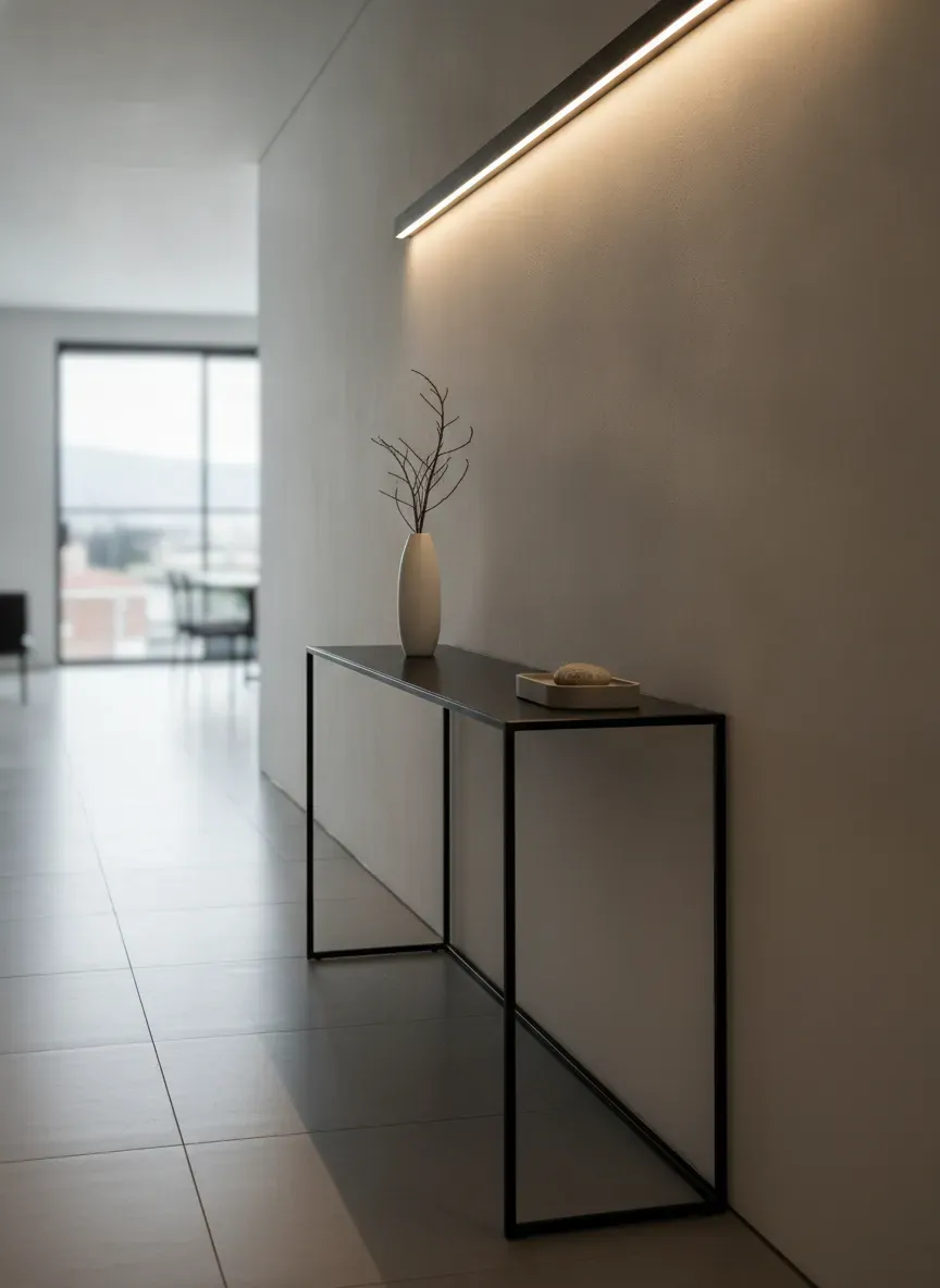 A minimalist metal slim console table in an exceptionally narrow apartment corridor