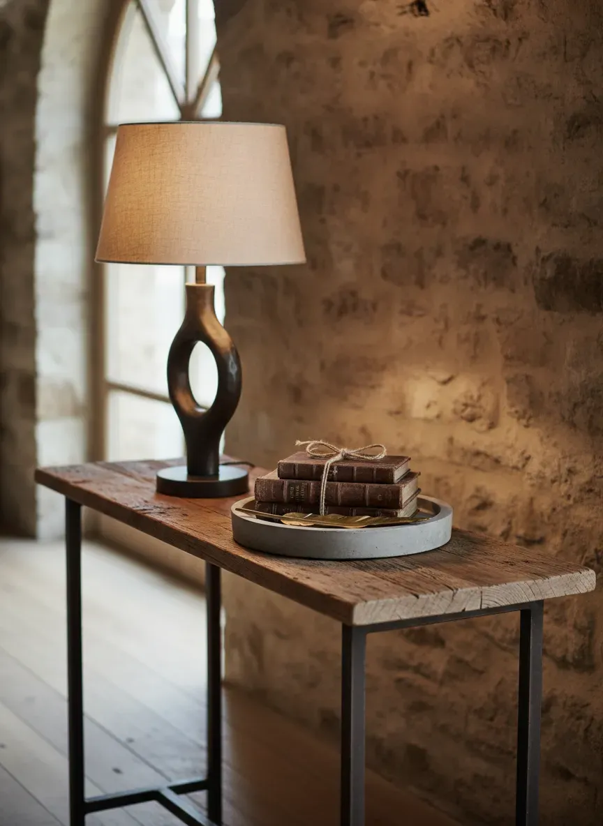 A rustic wood and iron slim console table styled with a table lamp and small decorative books