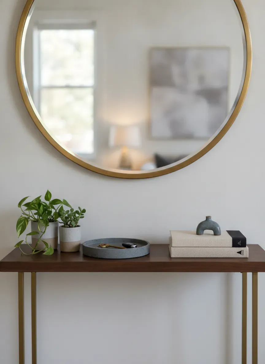 A perfectly styled slim console table with a round mirror, small plants, and organized key tray