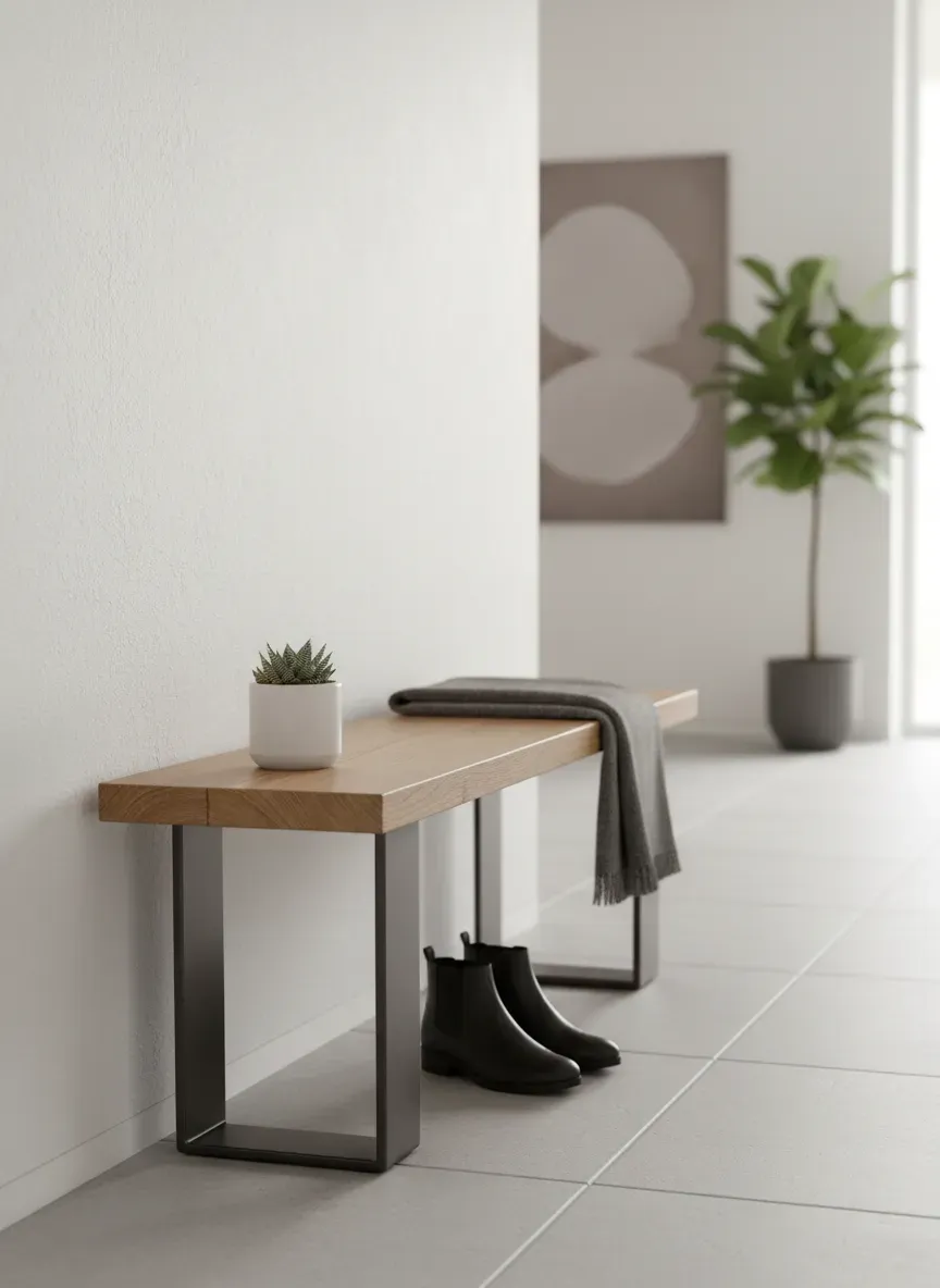 Minimalist narrow entryway bench with metal legs and wood top