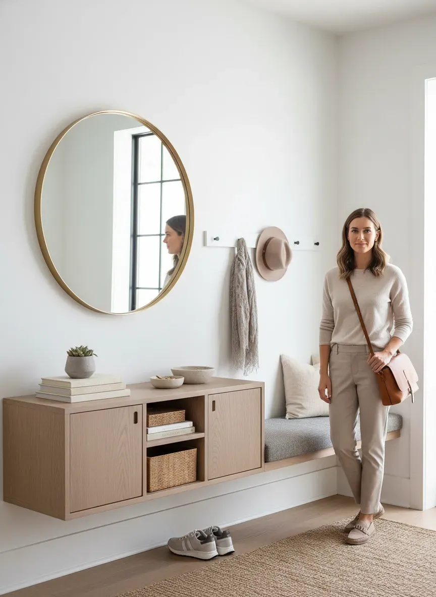 Bright entryway with mirror and organized shelving