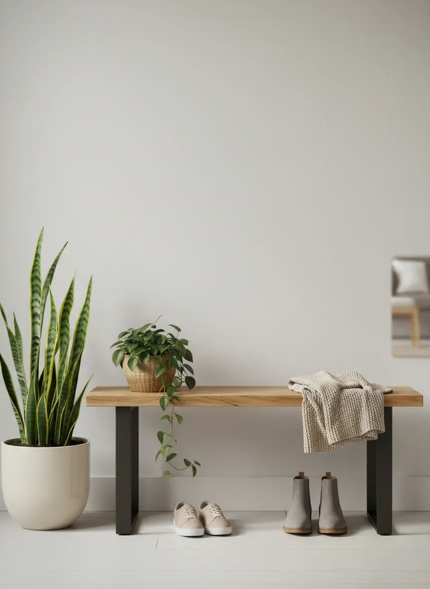 Minimalist wood and metal entryway bench styled with plants and neutral shoes
