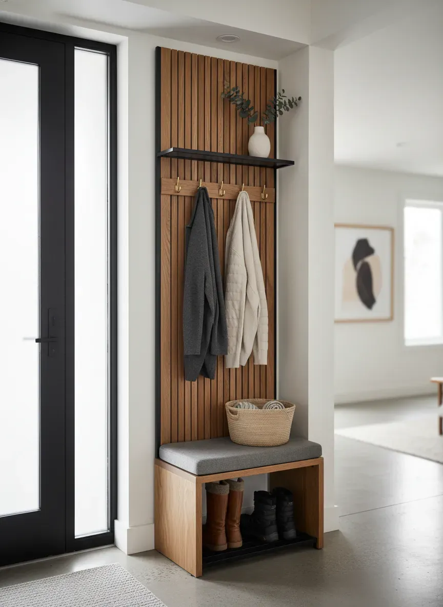 A tall, narrow hall tree bench combo fitting perfectly beside a front door, holding coats and boots