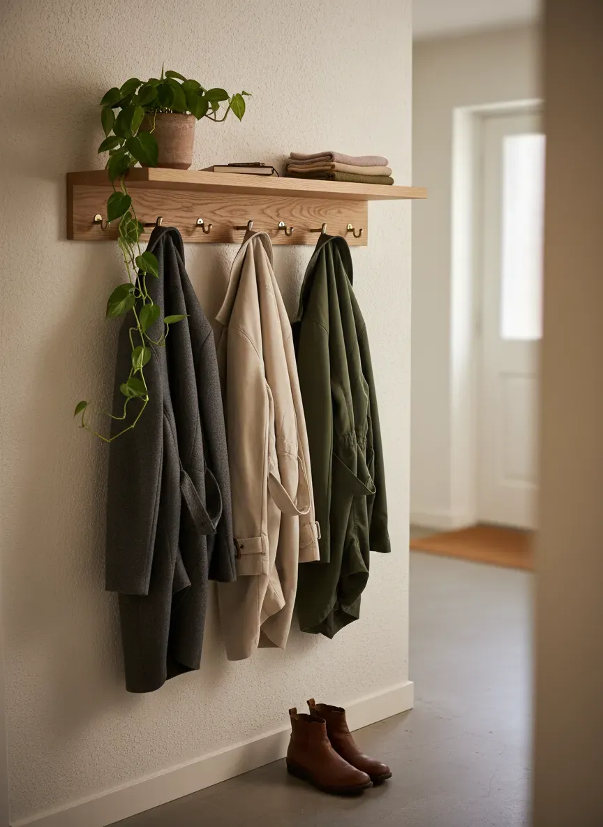 A beautifully styled floating shelf with hooks underneath, holding coats and a small potted plant in a tight hallway.