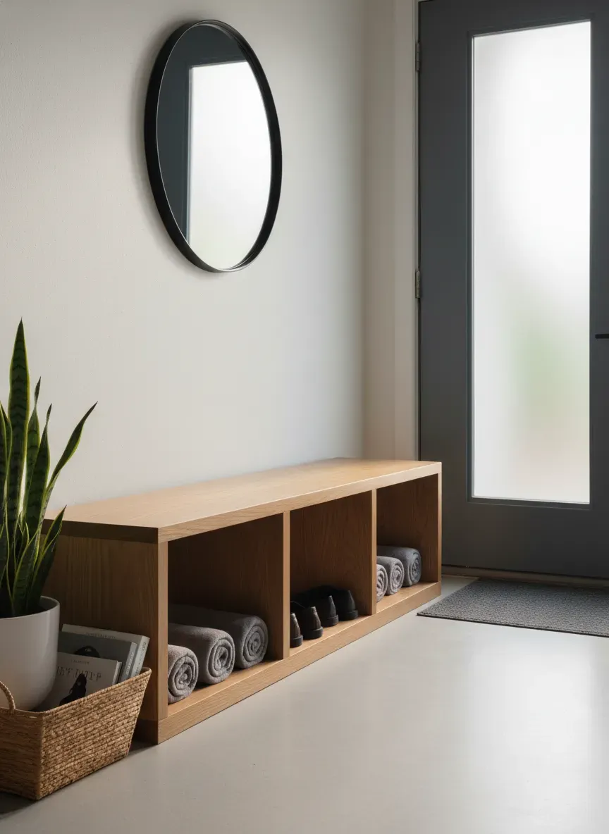 A sleek, minimalist wooden bench with deep storage cubbies underneath, tucked neatly beside a front door.