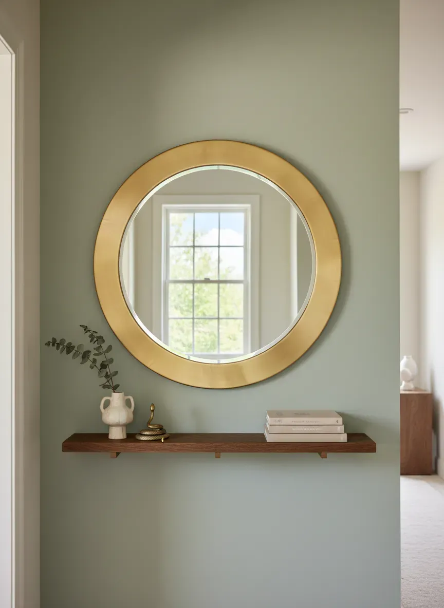 A large, round, brass-framed mirror hung above a narrow shelf, reflecting a bright window opposite the hallway.