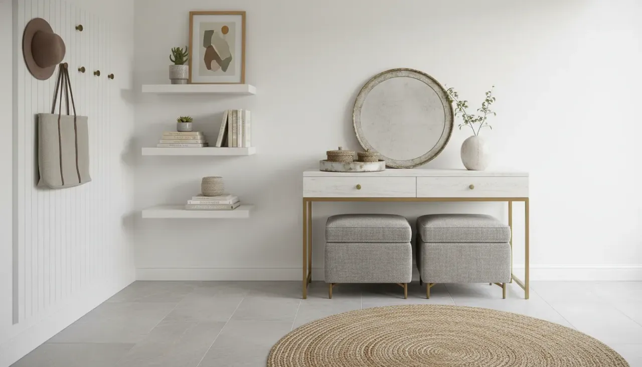 A narrow, elegantly styled entryway featuring a slim shoe cabinet, a round mirror, and brass hooks.