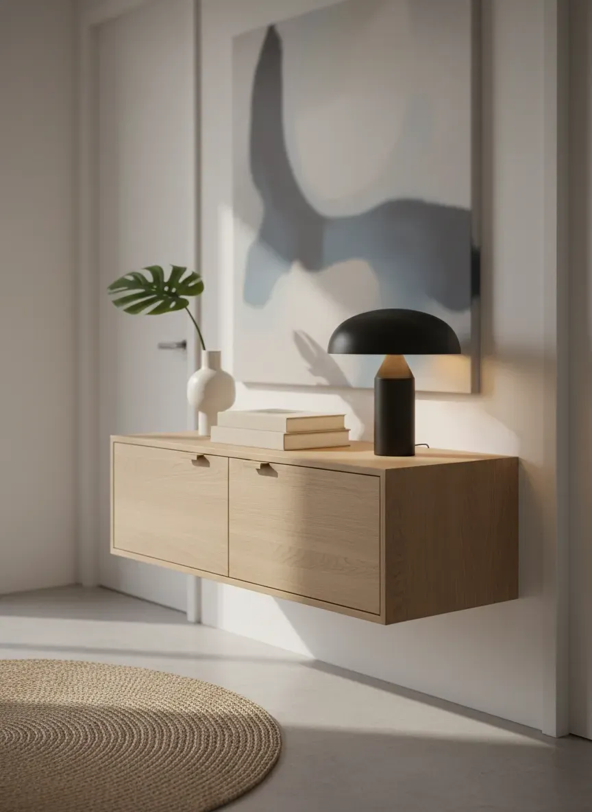 Floating console table layout in a small modern entryway